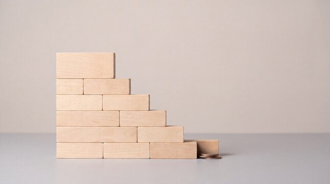 A descending stack of wooden blocks arranged in a staircase pattern on a light background, symbolizing progress and structure