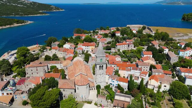 Osor City Panorama On Cres Island, Croatia, Beautiful Summer Day. Aerial Views Show The Historic Old Town, Sunny Beaches, Sailing Yachts, Marina Harbor, Nearby Campsites Mediterranean Adriatic Coast