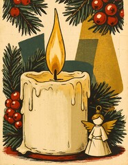 Fototapeta premium Retro holiday illustration of a lit white candle surrounded by pine branches