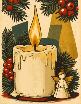 Retro holiday illustration of a lit white candle surrounded by pine branches