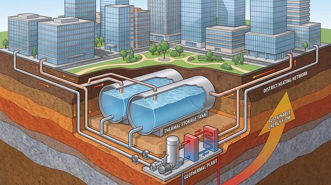 Illustration of underground thermal energy storage system with buildings on the surface and water tanks for energy efficiency