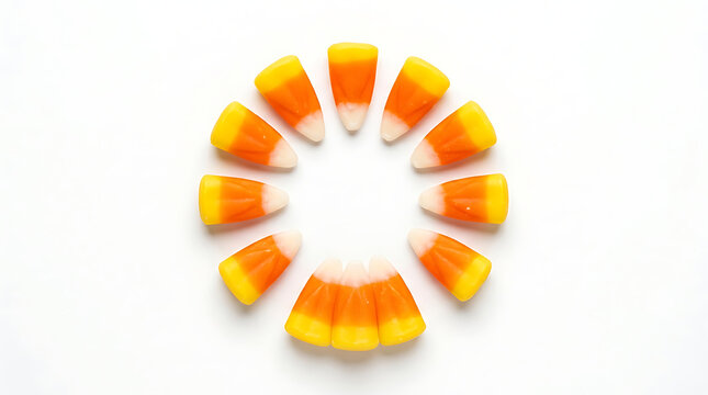 Circle arrangement of candy corn on white background