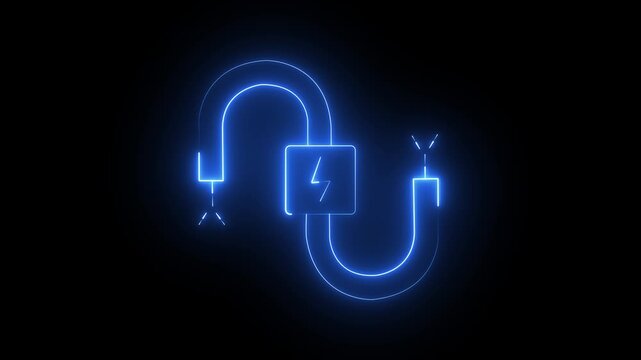 Neon blue electric circuit animation, glowing energy power symbol on black background