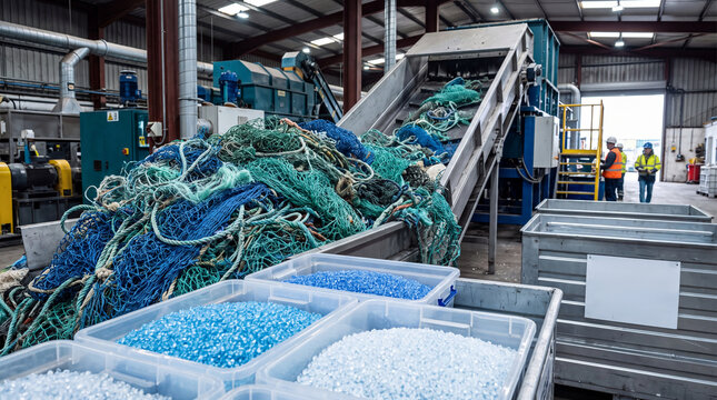 Large industrial facility processing discarded fishing nets into plastic pellets with workers overseeing the operation