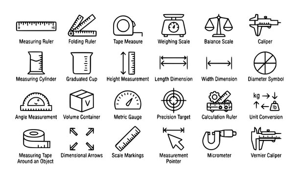 Create a clean vector illustration featuring 24 unique measurement and dimensional line icons arranged in a perfectly aligned 6&times;4 grid on a solid white background. Include distinct icons such as a mea