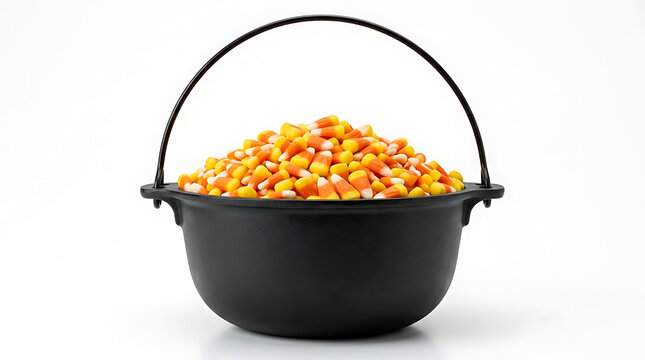 Black cauldron overflowing with candy corn on white background