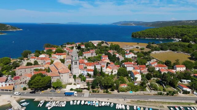 Osor City Panorama On Cres Island, Croatia, Beautiful Summer Day. Aerial Views Show The Historic Old Town, Sunny Beaches, Sailing Yachts, Marina Harbor, Nearby Campsites Mediterranean Adriatic Coast