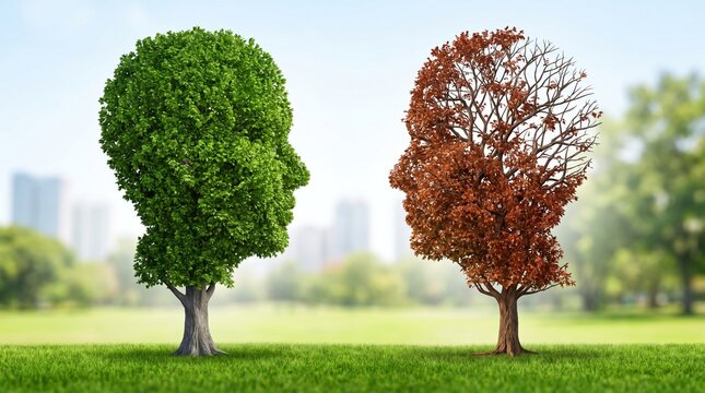 Two trees shaped like human heads standing in a grassy park field during the day with canopies human profiles