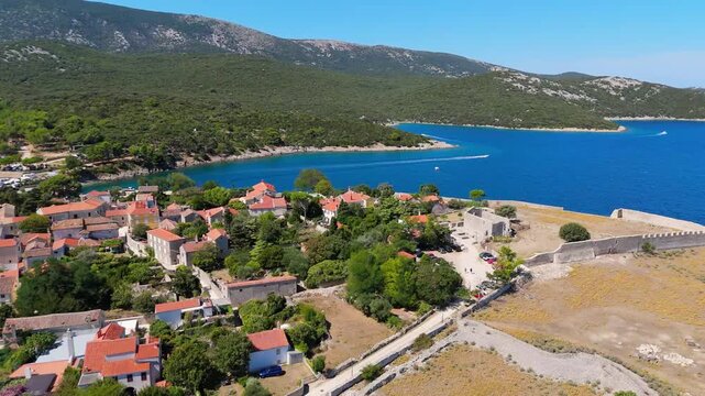 Osor City Panorama On Cres Island, Croatia, Beautiful Summer Day. Aerial Views Show The Historic Old Town, Sunny Beaches, Sailing Yachts, Marina Harbor, Nearby Campsites Mediterranean Adriatic Coast