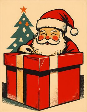 Retro illustration of santa claus smiling inside a large red gift box with a decorated christmas tree behind