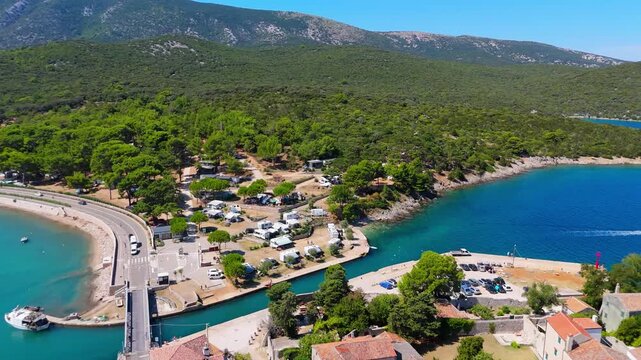 Osor City Panorama On Cres Island, Croatia, Beautiful Summer Day. Aerial Views Show The Historic Old Town, Sunny Beaches, Sailing Yachts, Marina Harbor, Nearby Campsites Mediterranean Adriatic Coast