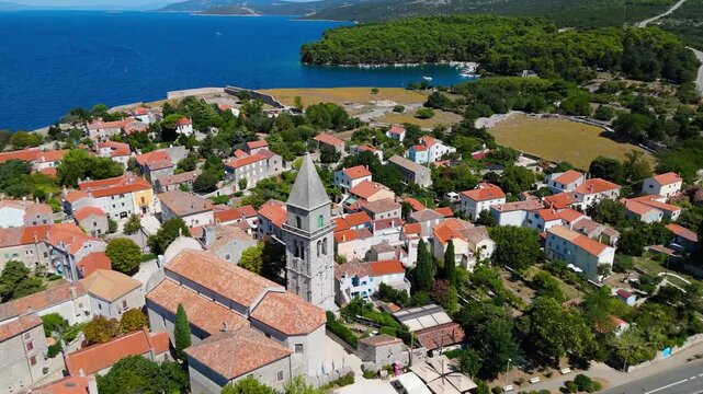 Osor City Panorama On Cres Island, Croatia, Beautiful Summer Day. Aerial Views Show The Historic Old Town, Sunny Beaches, Sailing Yachts, Marina Harbor, Nearby Campsites Mediterranean Adriatic Coast