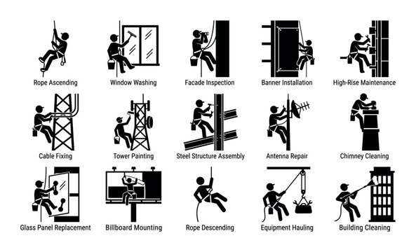 Industrial climber activities vector icons with rope ascending, window washing and equipment hauling for presentation design in silhouette style
