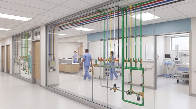 A modern hospital oxygen pipeline system featuring green and yellow pipes, with healthcare professionals in scrubs in the background