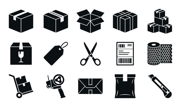 Shipping box elements vector icons with cardboard boxes, taped packages and bubble wrap for mobile app design in modern silhouette style.