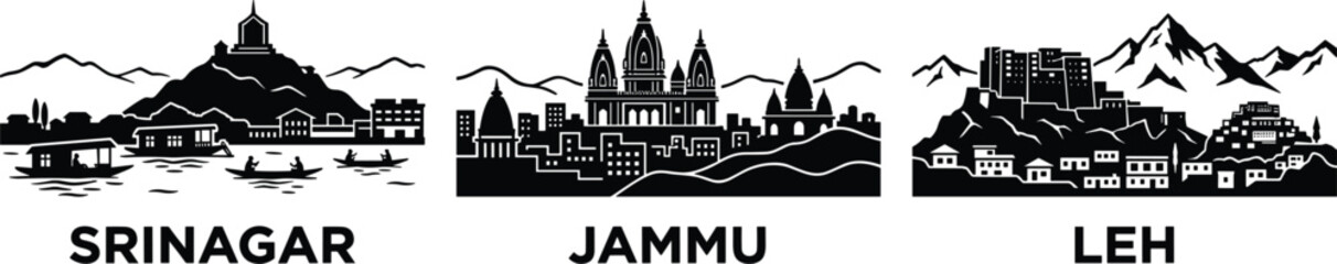 Naklejka premium India jammu kashmir and ladakh cities skyline silhouette set featuring srinagar jammu and leh vector illustration isolated white