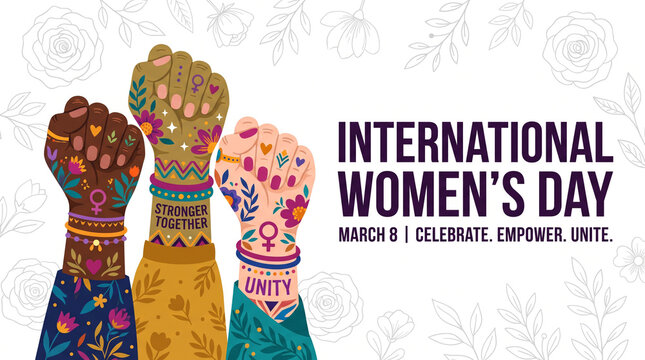 International Women's Day illustration with diverse raised fists and floral patterns