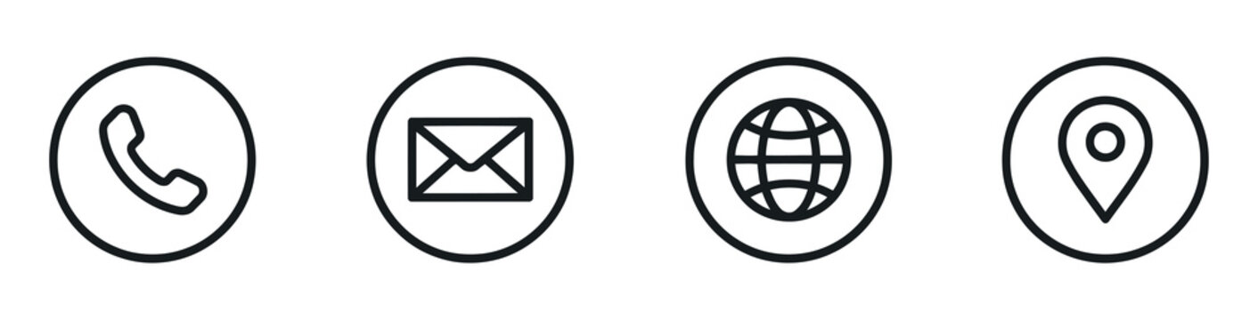 Communication icons depict phone mail globe location contact