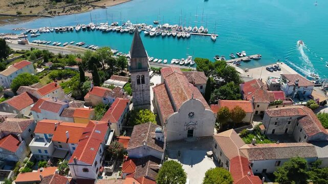 Osor City Panorama On Cres Island, Croatia, Beautiful Summer Day. Aerial Views Show The Historic Old Town, Sunny Beaches, Sailing Yachts, Marina Harbor, Nearby Campsites Mediterranean Adriatic Coast
