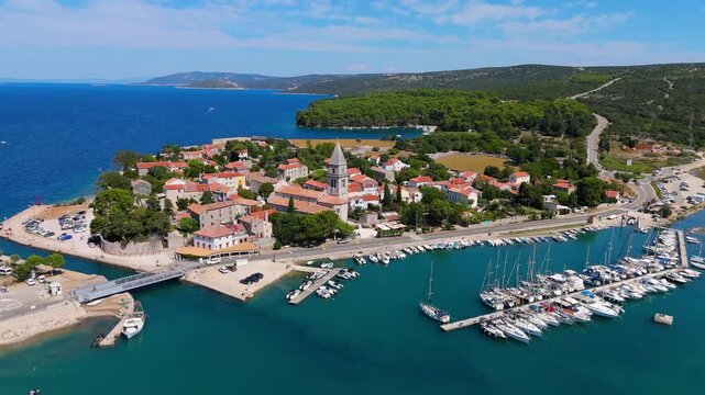 Osor City Panorama On Cres Island, Croatia, Beautiful Summer Day. Aerial Views Show The Historic Old Town, Sunny Beaches, Sailing Yachts, Marina Harbor, Nearby Campsites Mediterranean Adriatic Coast