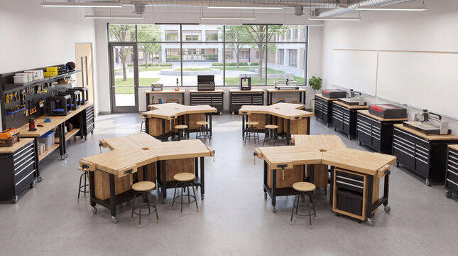 A spacious, empty makerspace featuring multiple fabrication tables surrounded by large windows offering natural light and a view of greenery