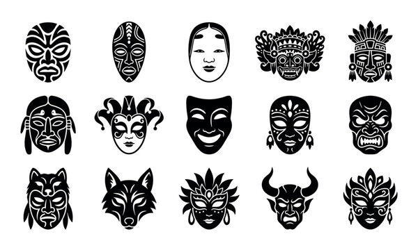Cultural and ceremonial masks design icons with tribal, African and Japanese noh masks for web design in silhouette style