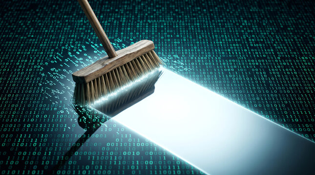 Broom sweeping away digital binary code data to represent cybersecurity and system cleaning.