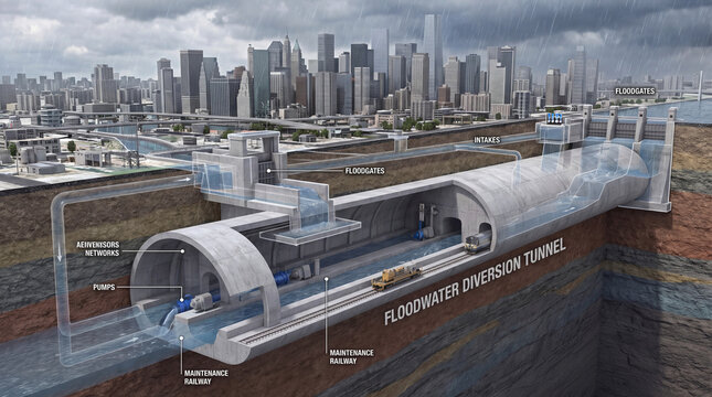 Floodwater diversion tunnel system underground with city skyline in background, showcasing engineering and urban planning