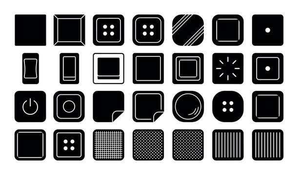 Square button vector icons with flat square buttons, beveled-edge buttons and push-button squares for UI elements design in solid glyph style