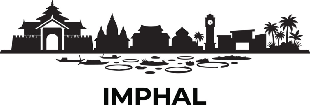 Imphal city skyline silhouette featuring kangla fort shree govindajee temple and loktak lake floating phumdis vector illustration isolated white