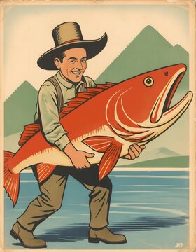 Man in a wide-brim hat walking happily while holding an extremely large fish he caught