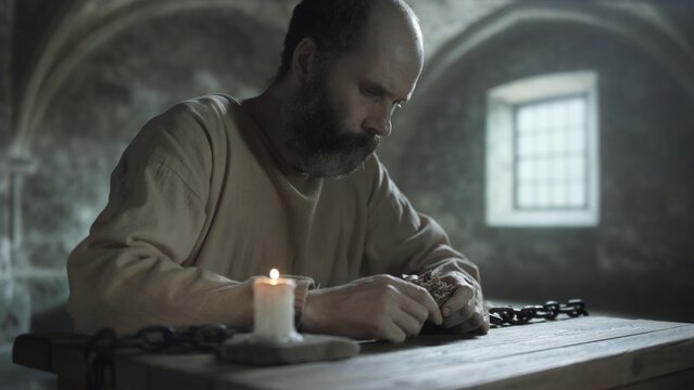 Man in iron chains holding a crust of brown bread by candlelight inside a medieval prison room