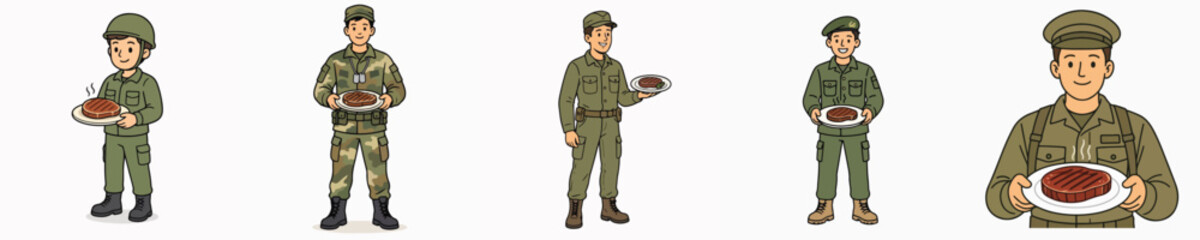 Obraz premium Set of soldier vectors carrying a delicious grilled meat dish.