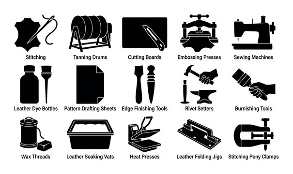 Leatherworking process vector icons with stitching, cutting boards and embossing presses for infographic design in silhouette style.