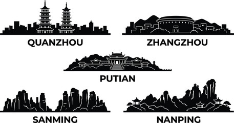 Fototapeta premium China fujian province cities skyline silhouette set featuring quanzhou zhangzhou putian sanming and nanping vector illustration isolated white