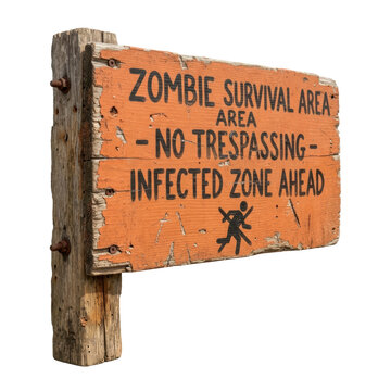 Zombie survival area warning sign on wooden post