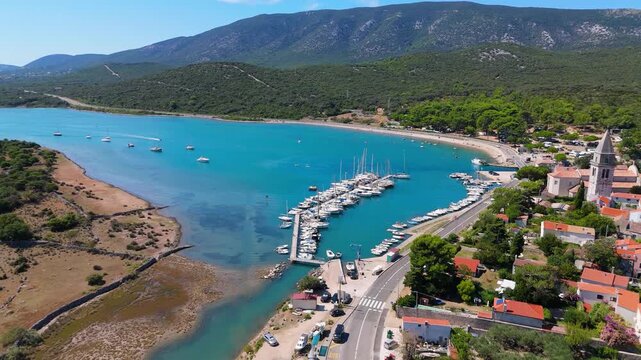 Osor City Panorama On Cres Island, Croatia, Beautiful Summer Day. Aerial Views Show The Historic Old Town, Sunny Beaches, Sailing Yachts, Marina Harbor, Nearby Campsites Mediterranean Adriatic Coast