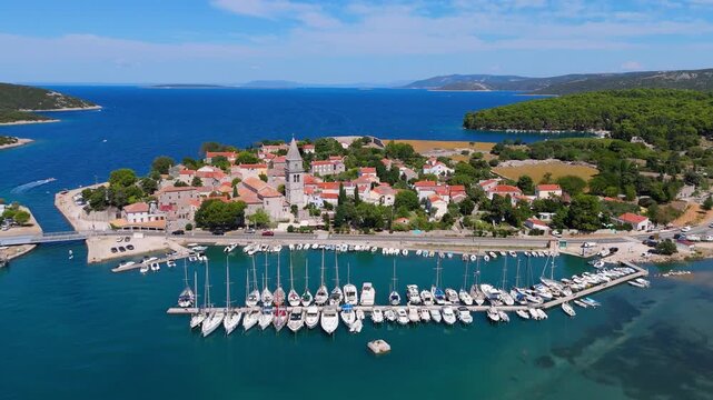 Osor City Panorama On Cres Island, Croatia, Beautiful Summer Day. Aerial Views Show The Historic Old Town, Sunny Beaches, Sailing Yachts, Marina Harbor, Nearby Campsites Mediterranean Adriatic Coast