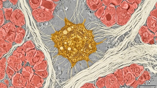 Activated hepatic stellate cell secreting dense collagen fibers, demonstrating chronic liver cirrhosis, compressing surrounding healthy hepatocyte tissue with extracellular fibrotic scar matrix.