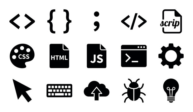 Web coding vector icons with angle brackets, script icon and terminal window for infographic design in silhouette style