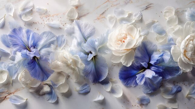 Delicate Blue and White Flowers. A beautiful arrangement of soft blue irises and white peonies scattered with delicate petals on a marble surface