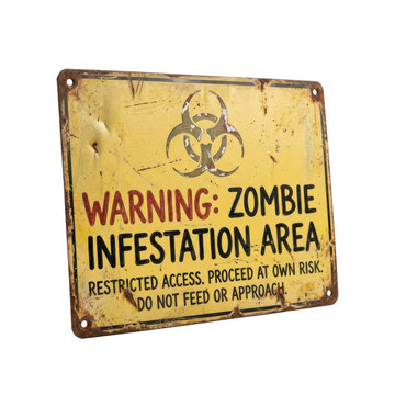 Rusty zombie infestation warning sign on white background