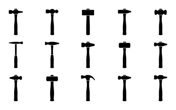 Blacksmith hammer types vector icons with cross peen hammer, sledgehammer and claw hammer for infographic design in solid glyph style