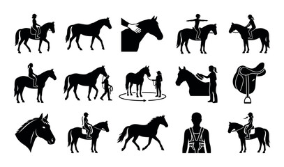 Fototapeta premium Therapeutic horse activities vector icons with rider, walking horse and massage for mobile app design in glyph style
