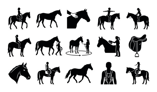 Therapeutic horse activities vector icons with rider, walking horse and massage for mobile app design in glyph style