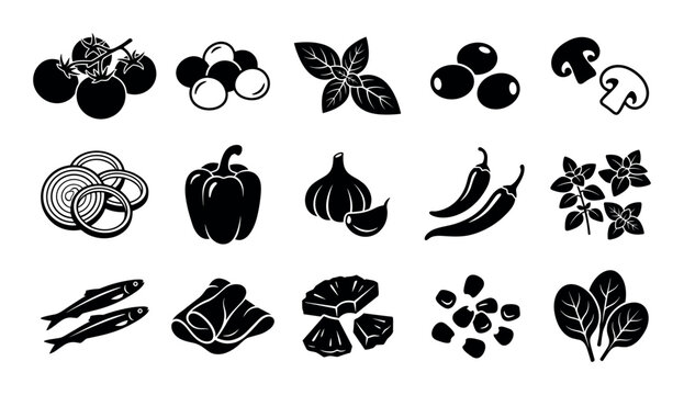 Pizza ingredients vector icons with tomatoes, mozzarella balls and basil leaves for presentation design in glyph style