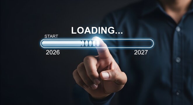 A person's hand interacting with a futuristic digital loading bar displaying.