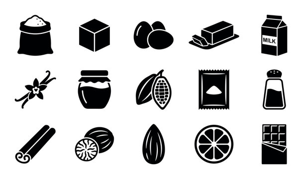 Baking ingredients vector icons with sack of flour, sugar cube and butter stick for mobile app design in solid glyph style.