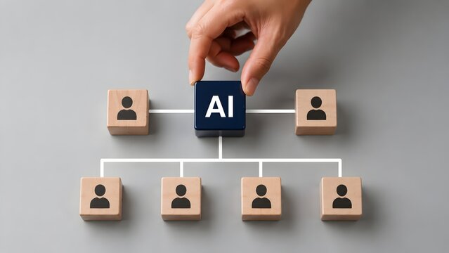 Artificial intelligence management integration hand placing central AI block inside corporate hierarchy structure connecting human workforce team