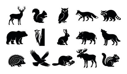 Fototapeta premium Forest wildlife vector icons with deer, owl and bear for web design in silhouette style